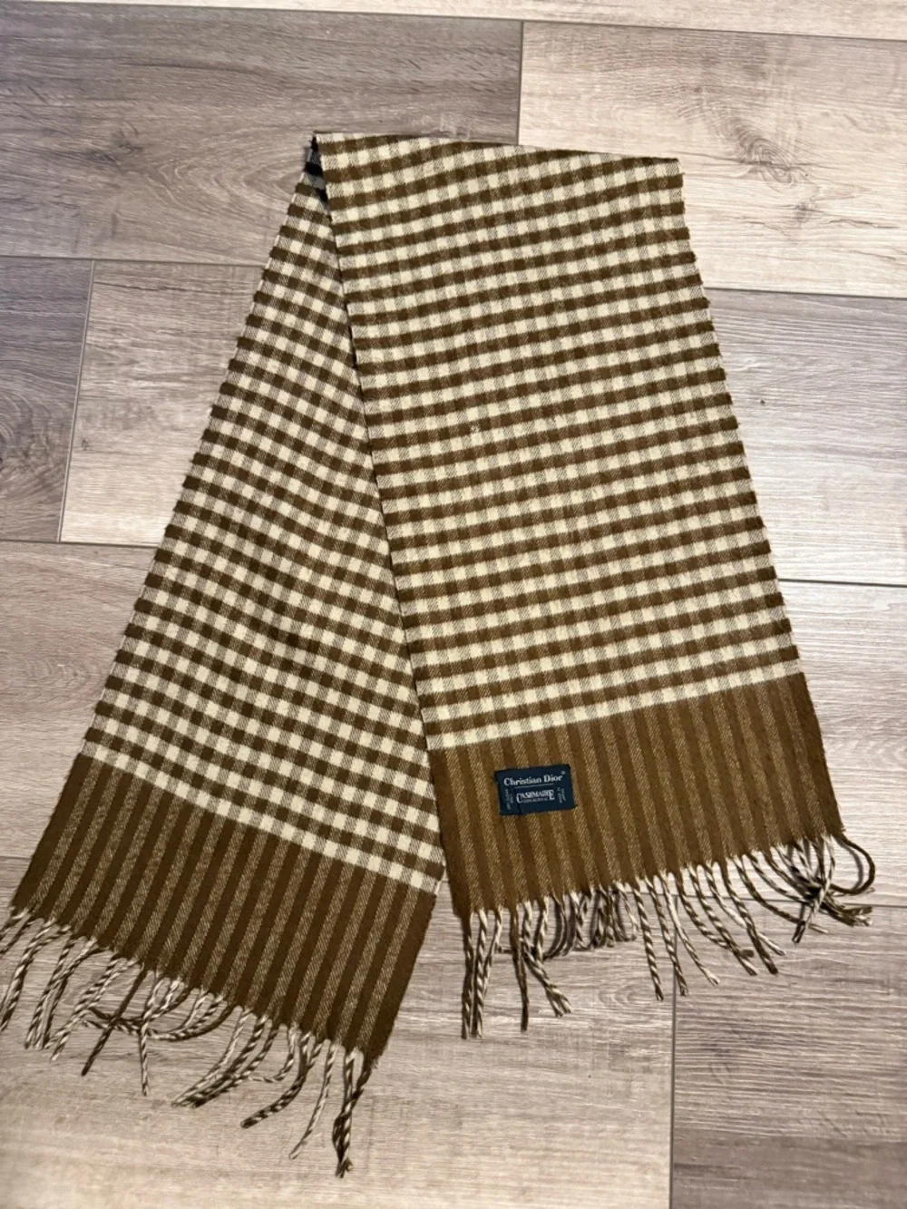 Dior Brown & Cream Checked Cashmere Scarf